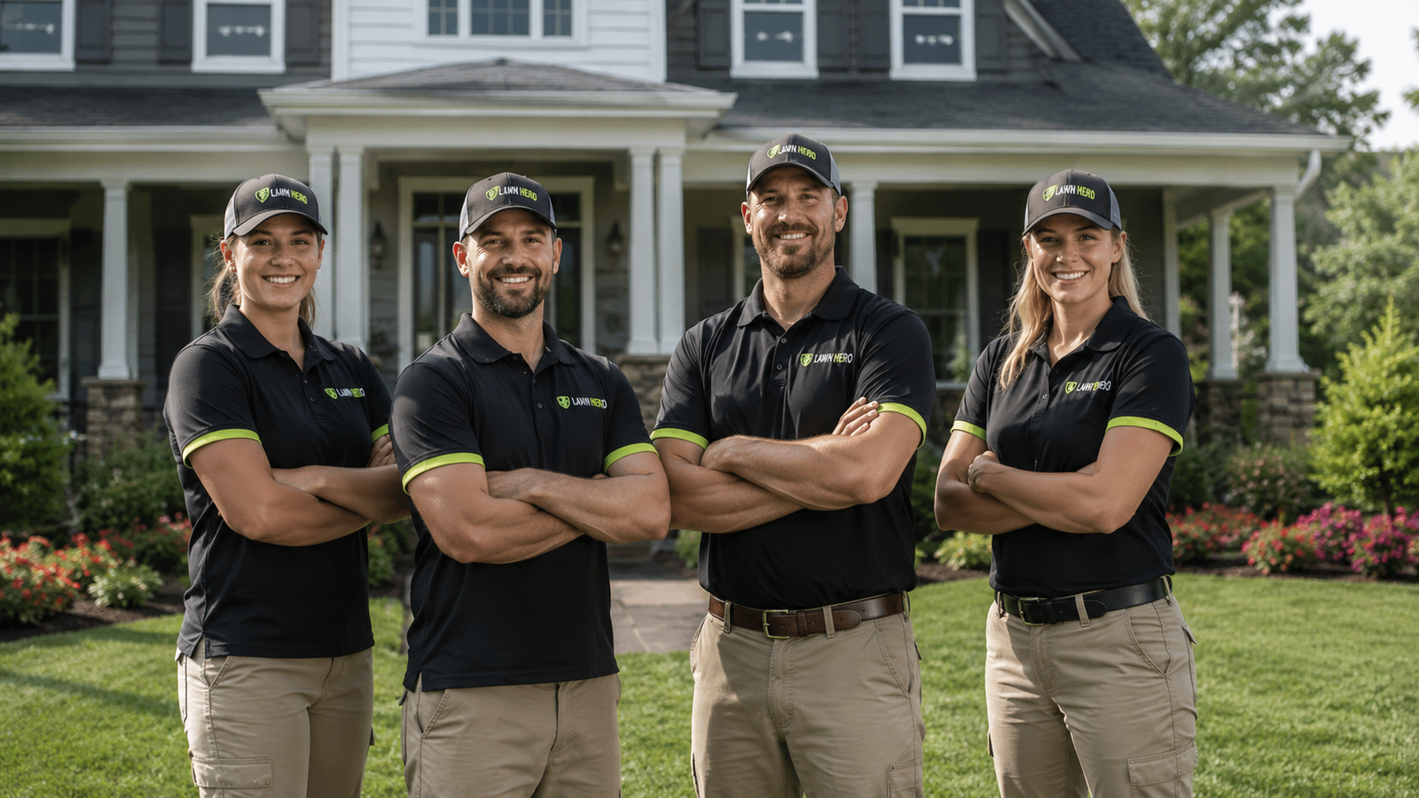 Lawn Hero franchise crew with branded vehicle